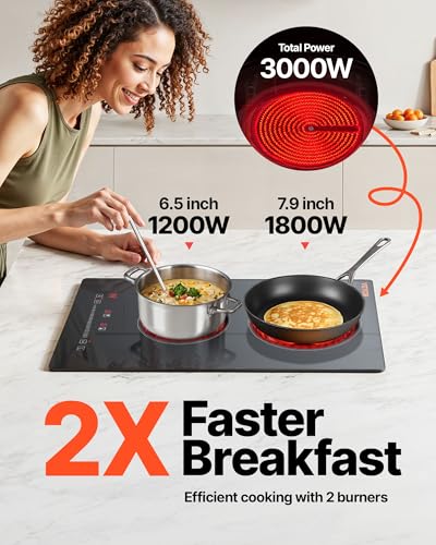 VEVOR Built in Electric Stove Top, 12 inch 2 Burners, 240V Glass Radiant Cooktop with Sensor Touch Control, Timer & Child Lock Included, 9 Power Levels for Simmer Steam Slow Cook Fry - size: 12 IN-2 Burner+Touch Control