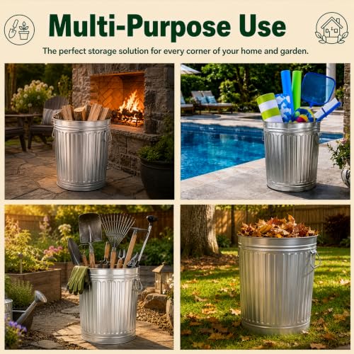 Gardenised Round Galvanized Steel, 26 Gallon Trash Can with Lid - Durable Metal Bucket for Backyard, Lawn, Garden and Yard Use - Weather-Resistant Garbage Can for Indoor and Outdoor, 28-inch - size: 26 Gallons