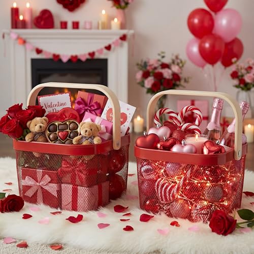 Roshtia 6 Pcs Metal Mesh Basket with Handle, Garden Basket for Christmas - color: Red, size: 9.65 x 9.65 x 7.09 Inch