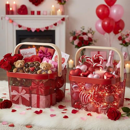 Roshtia 6 Pcs Metal Mesh Basket with Handle, Garden Basket for Christmas - color: Red, size: 9.65 x 9.65 x 7.09 Inch