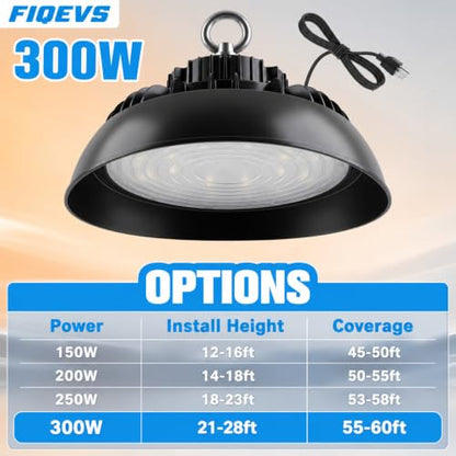 Fiqevs High Bay LED Shop Light 6 Pack, 300W, 45,000LM, 5000K, AC100-277V