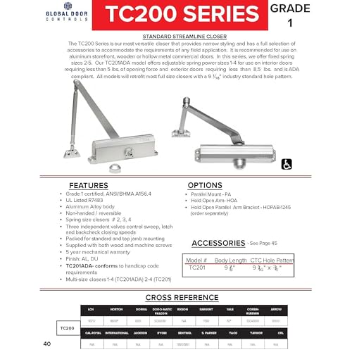 Global Door Controls TC201-DU Compact Commercial Door Closer in Duronotic with Adjustable Spring Tension - Sizes 1-4