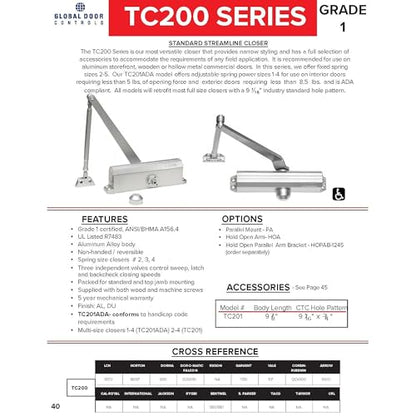 Global Door Controls TC201-DU Compact Commercial Door Closer in Duronotic with Adjustable Spring Tension - Sizes 1-4
