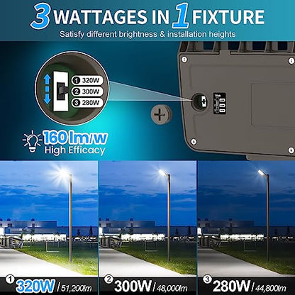 AKK LED Parking Lot Light 320W 300W 280W Adjustable, 51200LM 160LM/W 5000K, Dimmable Shoebox Area Light with Photocell, IP65 ETL 100-277V Arm & Slip Fitter Mount for Large Lots, Warehouses & Stadiums - size: 320W/300W/280W Switchable
