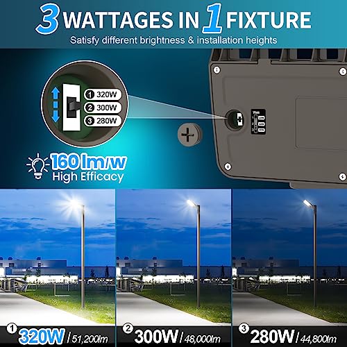 AKK LED Parking Lot Light 320W 300W 280W Adjustable, 51200LM 160LM/W 5000K, Dimmable Shoebox Area Light with Photocell, IP65 ETL 100-277V Arm & Slip Fitter Mount for Large Lots, Warehouses & Stadiums - size: 320W/300W/280W Switchable