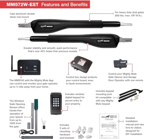 Mighty Mule Gate Opener, Solar and Smart Ready, Heavy Duty Automatic Gate Opener, Gates up to 18ft or 850lb Per Gate Leaf, Dual Gate Opener - Estate, Upgraded, MM572W-EST-A - size: Dual Gate Opener - Estate - Upgraded