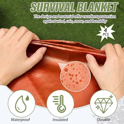 Kanayu 4 Pcs Emergency Thermal Survival Blankets 82 x 60 Inch,Heavy Duty Emergency Poncho Tarp Reusable Waterproof Blanket for Car,Camping,Hiking(Olive Green, Orange) - color: Olive Green, Orange