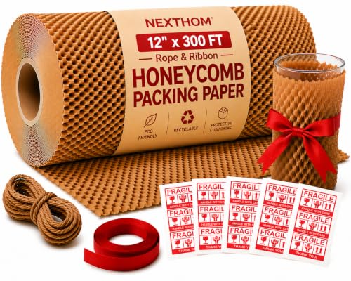 Honeycomb Packing Paper, 12 Inch x 300 FT – Eco-Friendly Recyclable Cushioning Wrap Roll for Moving & Shipping, Bubble Wrap Alternative with Rope, Ribbon & 40 Fragile Stickers - size: 12" x 300'