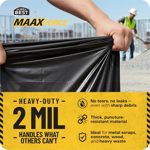 MAAXForce 55 Gallon Contractor Trash Bags with Flap Ties | 2 Mil Heavy-Duty Black Garbage Bags | Leak-Proof & Puncture-Resistant | Made in USA | 36" x 56" Large Construction & Yard Bags (40-Count) - style: Flap Tie