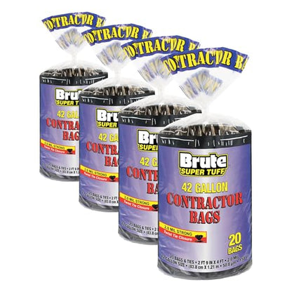 Brute Super Tuff Heavy Duty 2.0 MIL Contractor Bags, Large Trash Bags, Twist Tie Closure, Black, 42 Gallon, 20 Count (Pack of 4) - size: 20 Count (Pack of 4), style: Contractor (42 Gallon)