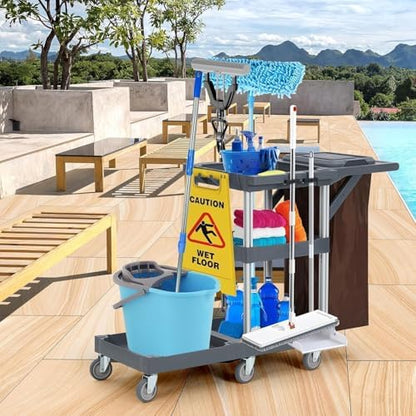 Heavy-Duty Janitorial Cleaning Cart with Wheels, 3-Shelf Rolling Housekeeping Trolley with 16-Gallon Trash Bag – 220 Lb Capacity Utility Cart for Hotels, Schools, Offices & Apartments - color: Grey Without Cabinets