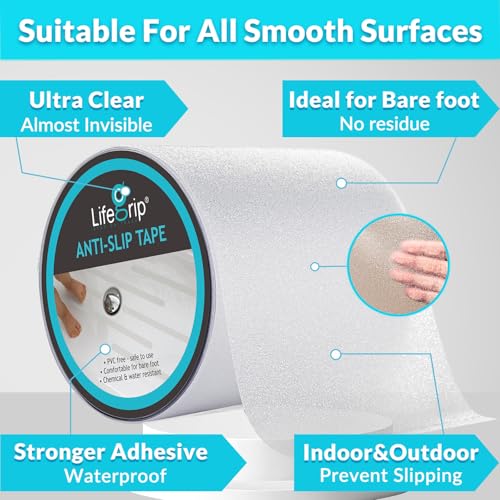 LifeGrip Clear Anti Slip Tape 6" x38Ft Waterproof Grip Tape for Tubs&Shower - size: 6" X 38'