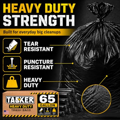 TASKER 300 Bags, 64-65 Gallon Trash Bags Heavy Duty, Large Black Garbage Bags, Wide Mouth Trash Can Liners for 60, 64, 65 and 70 Gallon Cans to Fit Toter Cart Liners for Outdoor Lawn Yard Cleanup - size: 300 Count (Pack of 1)