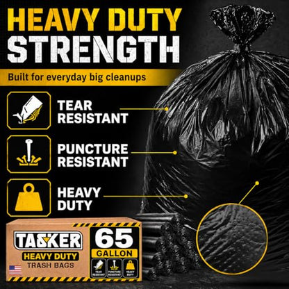 TASKER 300 Bags, 64-65 Gallon Trash Bags Heavy Duty, Large Black Garbage Bags, Wide Mouth Trash Can Liners for 60, 64, 65 and 70 Gallon Cans to Fit Toter Cart Liners for Outdoor Lawn Yard Cleanup - size: 300 Count (Pack of 1)