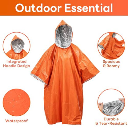 Deecam Emergency Mylar Poncho 4 Pack, Waterproof Windproof Thermal Foil Rain Poncho, Portable Survival Gear for Hiking Camping & Disaster Preparedness