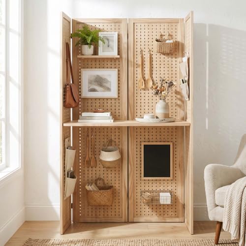 Svimi 4-Panel Freestanding Pegboard Room Divider with Center Shelf, Natural - color: Natural, size: 4 PANELS-SHELVE