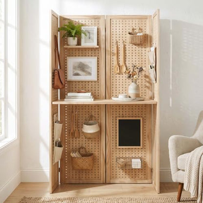 Svimi 4-Panel Freestanding Pegboard Room Divider with Center Shelf, Natural - color: Natural, size: 4 PANELS-SHELVE