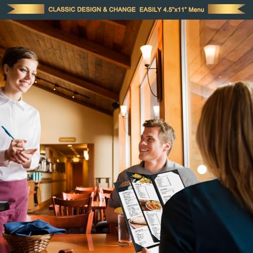Restaurant Menu Covers Holders 4.25" x 11" Synthetic Leather Triple Fold Panels 4 View Angled Corners Black for Wine List,Drinks,Coffee,Cocktail(1 Pack, 4 Views, 4.25 x 11 inch) - size: 4.25 x 11 inch (4 views/ 1 pack)