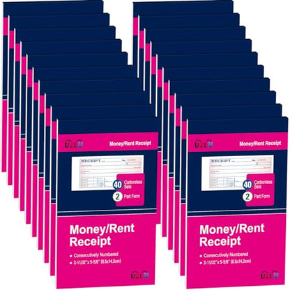 20 Packs Money and Rent Receipt Book, 3-11/32" x 5-5/8" Rent Receipt Books, 2 Part Carbonless for Small Business, Receipt Pad with Consecutive Numbering & Wraparound Cover, 40 Sets per Book - size: 3-11/32" x 5-5/8"-20 PCS, style: Rent Receipt Book Style