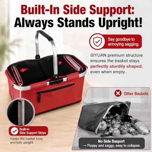Picnic Basket, SIYUAN Shopping Basket with Handle 22L Collapsible Grocery Basket Portable Folding Bag for Marketing Picnic, Ruby Red - color: Ruby Red