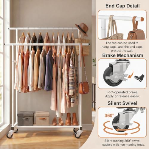 Calmootey Rolling Garment Rack, Sturdy Clothes Organizer for Bedroom - color: White, style: Double Rods