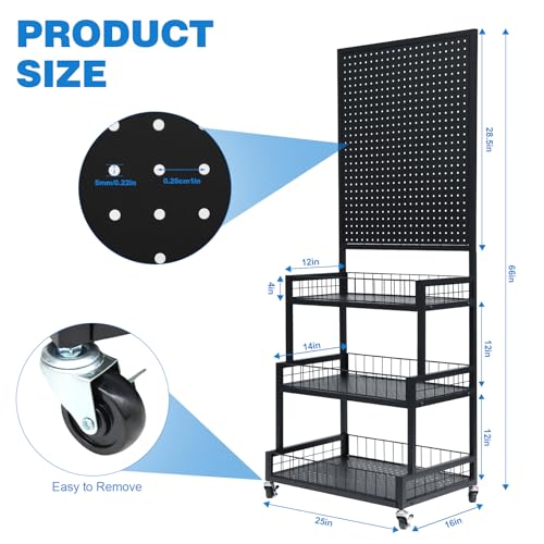 NectaCol Pegboard Panels, 3-Tiers Metal Pegboard Display Stand with Peg Board Panel, Standing Pegboard Display Rack, Craft Show Display, Art Display and Retail Display Stand with 10 Hooks - Black - color: Black