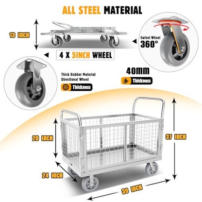 Platform Truck Cart with Cage, Multipurpose 6 in1 Foldable Flatbed Cart Heavy Duty Push Cart Dolly W/Swivel Wheels 2000lbs Capacity Utility Hand Cart for Grocery/Laundry/Stall/Storage - style: 39"x24" with High Fence
