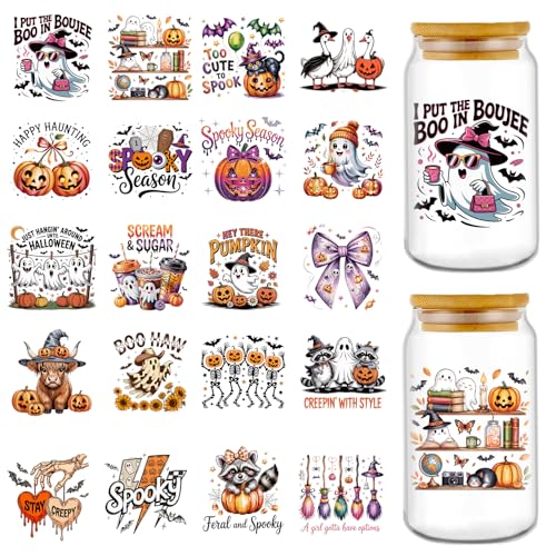 Rngmsi UV DTF Cup Wrap - 20 Sheets Spooky Fall Halloween UV DTF Wraps for 16 oz Glass, Bat Web Pumpkin UVDTF Stickers, Rub on Transfer Decals for Drinking Cups DIY Crafts for Water Bottles - style: Spooky Fall Halloween