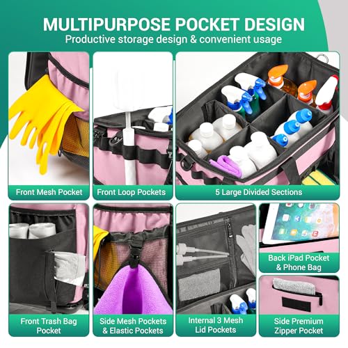 Rolling Cleaning Caddy Bag w/Detachable Trolley & Lid (Pink) - color: Pink