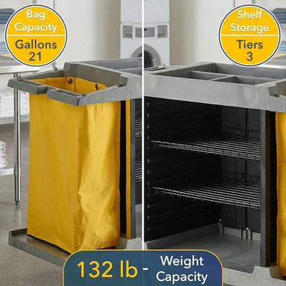 59” x 21” x 38” Commercial Hotel Cleaning Cart - Small Housekeeping Cart with Adjustable 3-Shelf Storage, 2 Vinyl Linen Bags, Top Supply Compartments, Vacuum Holder, Locking Casters - 132 lb Capacity