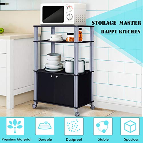 Giantex Rolling Kitchen Bakers Rack Microwave Oven Stand Utility Cart Multifunctional Display Shelf on Wheels with 2-Tier Shelf and Cabinet Spice Organizer for Kitchen Dining Room Furniture (Black) - color: Black