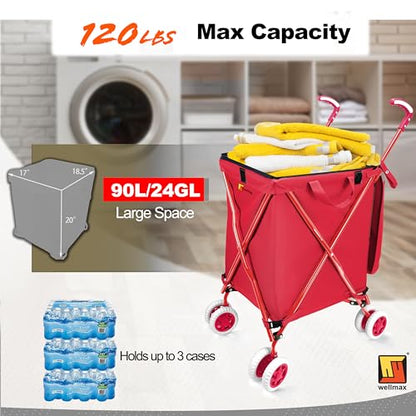 Wellmax Folding Shopping Cart with Canvas Bag & Cover, Holds 120 lb, Red - color: Red