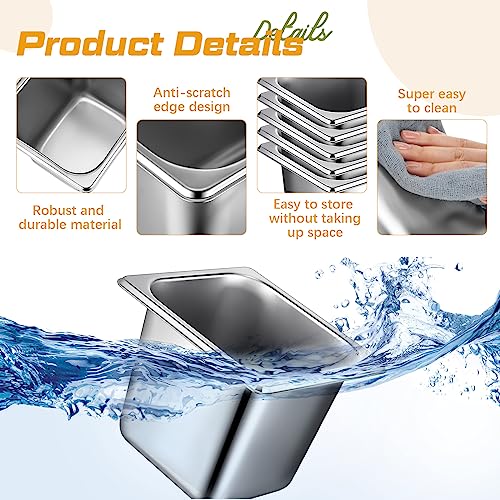 16 Pack 1/6 Stainless Steel Pans with Lid, 2Tongs, 4Spoons, 6 Inch Deep - size: 6 Inch