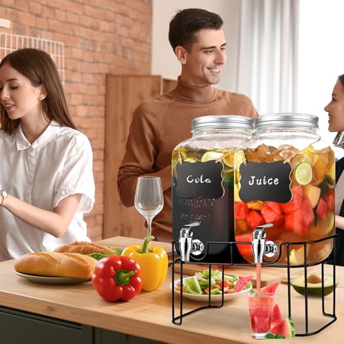 2 Gallon Glass Drink Dispensers For Parties，Lemonade Beverage Dispenser With Stand And Spigot For BBQ, Picnic, Party,Laundry Detergent Dispenser - size: 2 Gallon Double With Stand
