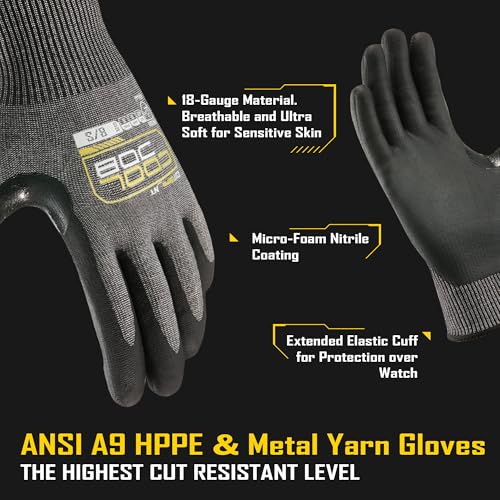 COOLJOB A9 Cut Resistant Safety Work Gloves with Grip, Touchscreen Nitrile Coated Heavy-duty for Glass Metal Sheet Handling - color: A9 Grey (Pack of 3), size: X-Large