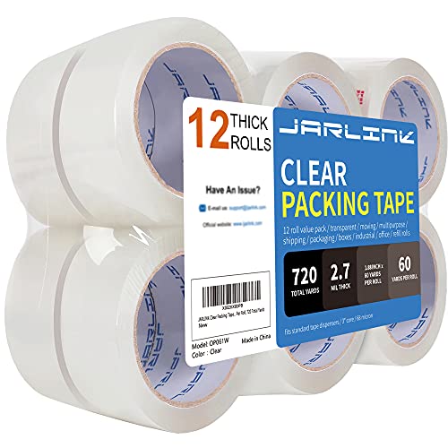 JARLINK Clear Packing Tape (12 Rolls), Heavy Duty Packaging Tape for Shipping Packaging Moving Sealing, 2.7mil Thick, 1.88 inches Wide, 60 Yards Per Roll, 720 Total Yards (Pack of 6) - size: 12 Rolls (2.7mil / 60 yd) (Pack of 6)