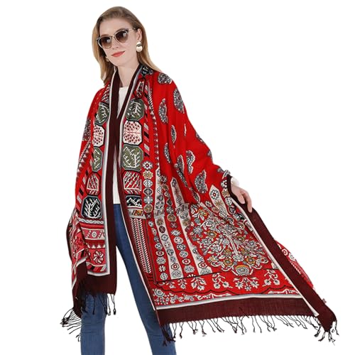 DANA XU 100% Merino Wool Extra Large Pashmina Shawl for Women - color: Red Brown Folk