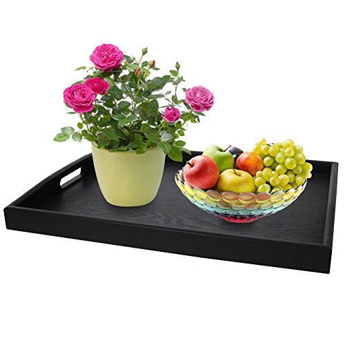 DILLMAN Serving Tray Large Black Wood Rectangle Food Tray Butler Tray Breakfast Tray with Handles (Large) - size: 17.3" x 13.4" x 1.6"