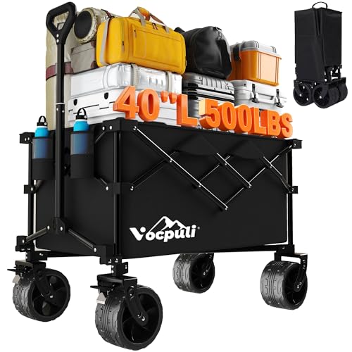 40" L Collapsible Wagon Cart Foldable, 500lbs Weight Capacity 250L Heavy Duty Folding Beach Wagons with Big All-Terrain Wheels, Utility Carts for Groceries, Shopping, Camping, Sports - Black - color: Black, size: 250L