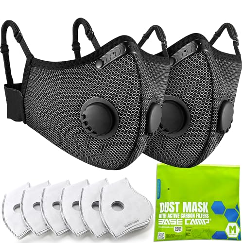 BASE CAMP Upgrade M Plus Dust Mask, Breathable Reusable Dust Face Mask with 6 Activated Carbon Filters, Air Filtration Mask for Smoke Dust Grinding Sanding Sawing Sweeping (2 Silver) - color: 2 Silver
