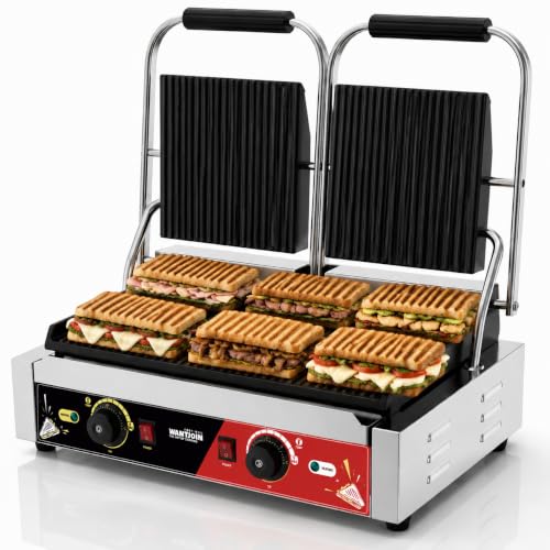 WantJoin Commercial Panini Press Sandwich Panini Maker - 3600W Fast Top & Bottom Heating, 19" x 9" Double Grooved Plates, Dual Temp Control, Sandwich Maker for Restaurant Food Truck