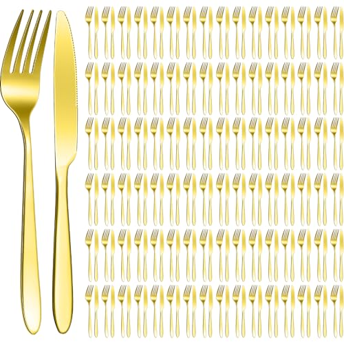 Nuenen 100 Pcs Gold Forks and Knives Stainless Steel Dinner Flatware Set - color: Gold, size: 8.4 Inches, 7.1 Inches