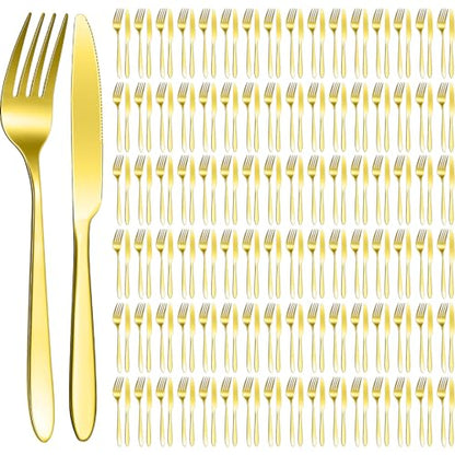 Nuenen 100 Pcs Gold Forks and Knives Stainless Steel Dinner Flatware Set - color: Gold, size: 8.4 Inches, 7.1 Inches