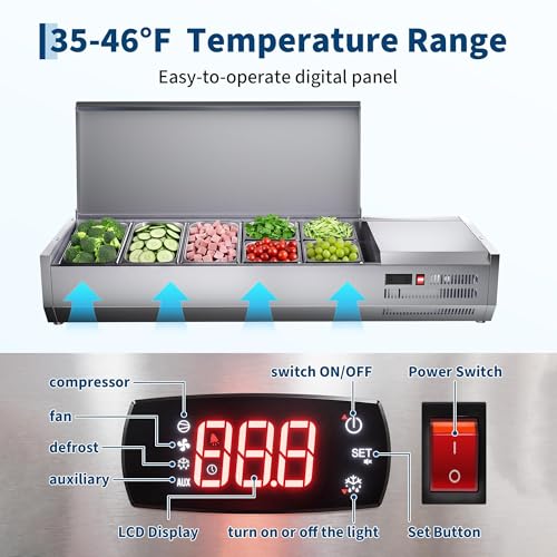 IDEALHOUSE Condiment Prep Rail Station, 140W Countertop Refrigerated Condiment Station, with 3 1/3 & 4 1/6 Pans, 304 Stainless Body and PC Lid, Sandwich Prep Table with Glass Guard, ETL Certified - size: E55TW-G