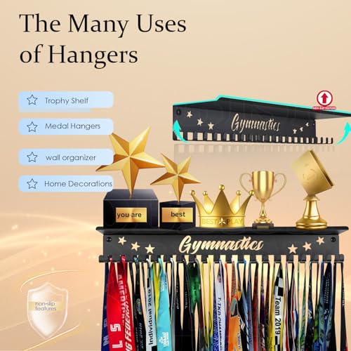 iBobbish Metal Medal Hanger Display,Non-Slip Trophy Shelf with 20 Hooks,Wall Mount,Heavy Duty,Non-Bent,Holds 22-33lbs,for Gymnastics,Race,Soccer,Swim - color: Black, style: NON-SLIP Gymnastics 6 Stars