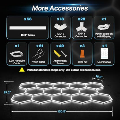 HYPERLITE Gen II Hexagon Garage Lights: 399W 39900LM 14 Grids Hexagon Led Light, 6500K Ultra Bright Honeycomb Hex Lights, Easy Install, Durable Design for Garage, Car Detailing, Workshops, Shops, Gym - size: 14 HEX