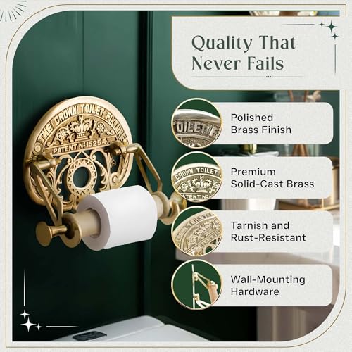 Bright Brass Wall Mount Toilet Paper Holder 7.25" Wide Vintage Crown Style Solid Brass Easy Install Toilet Tissue Paper Holders with Wooden Roll for Bathroom | Renovators Supply Manufacturing - color: Antique Brass Crown