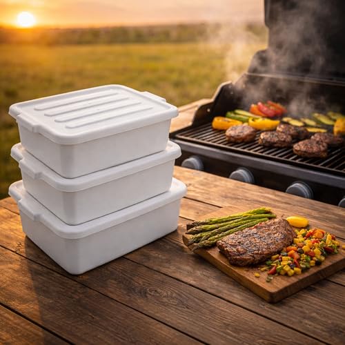 20" x 15" x 7" White Food Grade Plastic Bus Tub With Lid, Large BBQ Prep Tub, Restaurant Meat Lug, Catering Storage Container Heavy Duty (Pack Of 6)