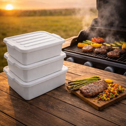 20" x 15" x 7" White Food Grade Plastic Bus Tub With Lid, Large BBQ Prep Tub, Restaurant Meat Lug, Catering Storage Container Heavy Duty (Pack Of 6)