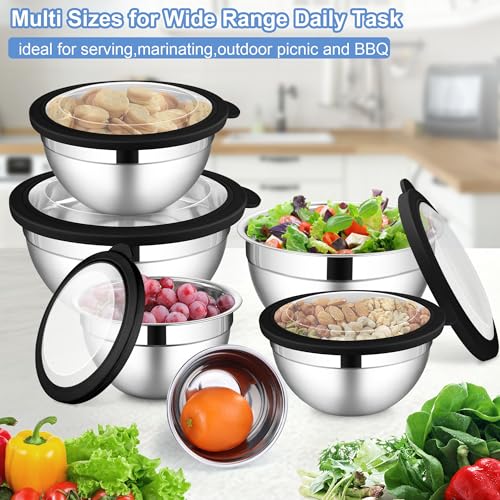 LIANYU Stainless Steel Mixing Bowls with Transparent Airtight Lids Set of 6 - color: Black, style: Atlas Base with Visible Lids